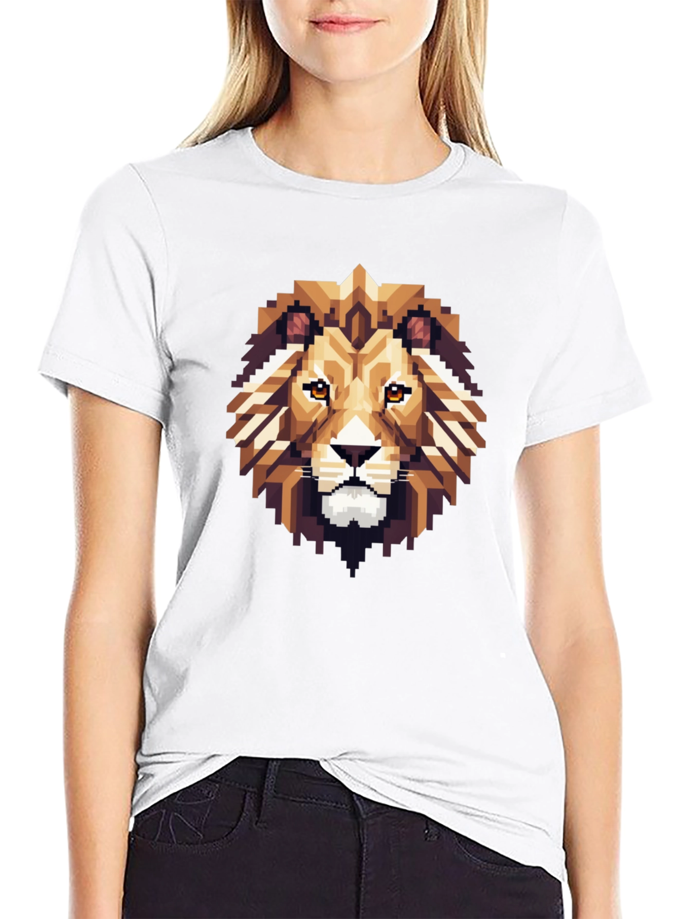 Pixelated Lion Graphic Tee - Black Cotton Shirt