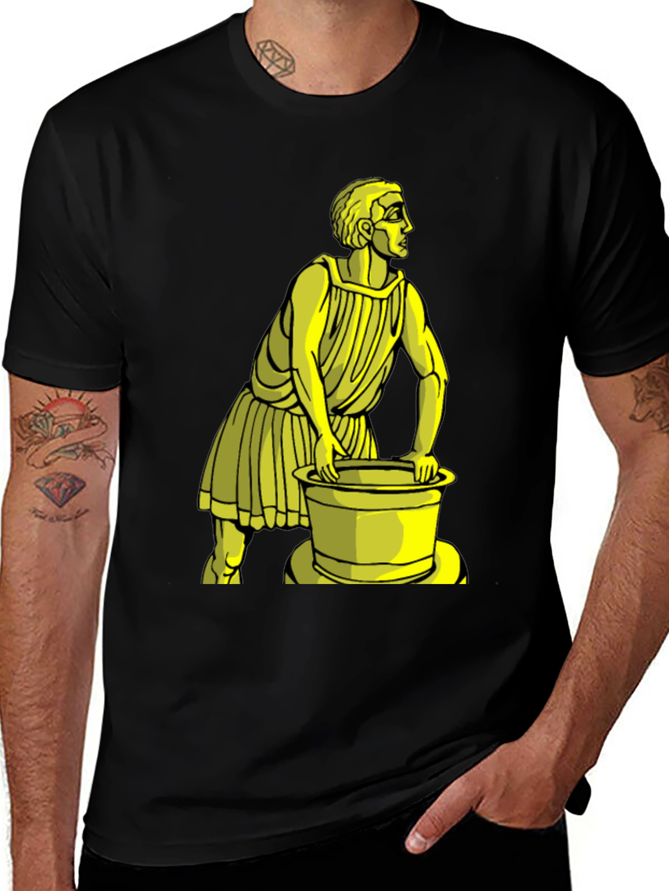 Black T-Shirt with Yellow Ancient Man Graphic