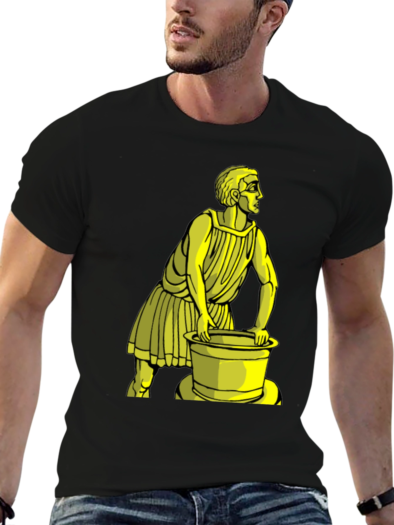 Black T-Shirt with Yellow Ancient Man Graphic