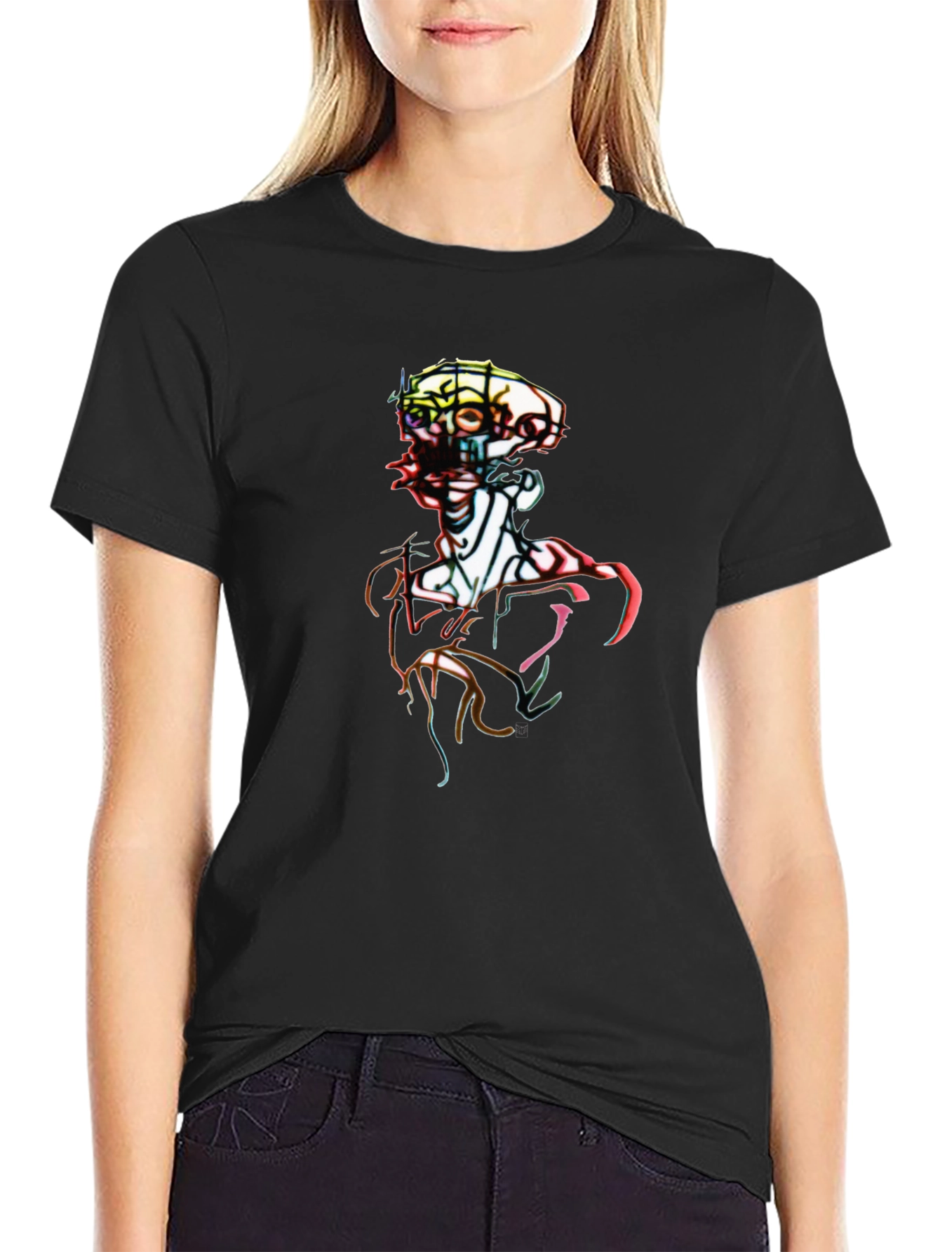 Abstract Art Skeleton Graphic Tee - Black