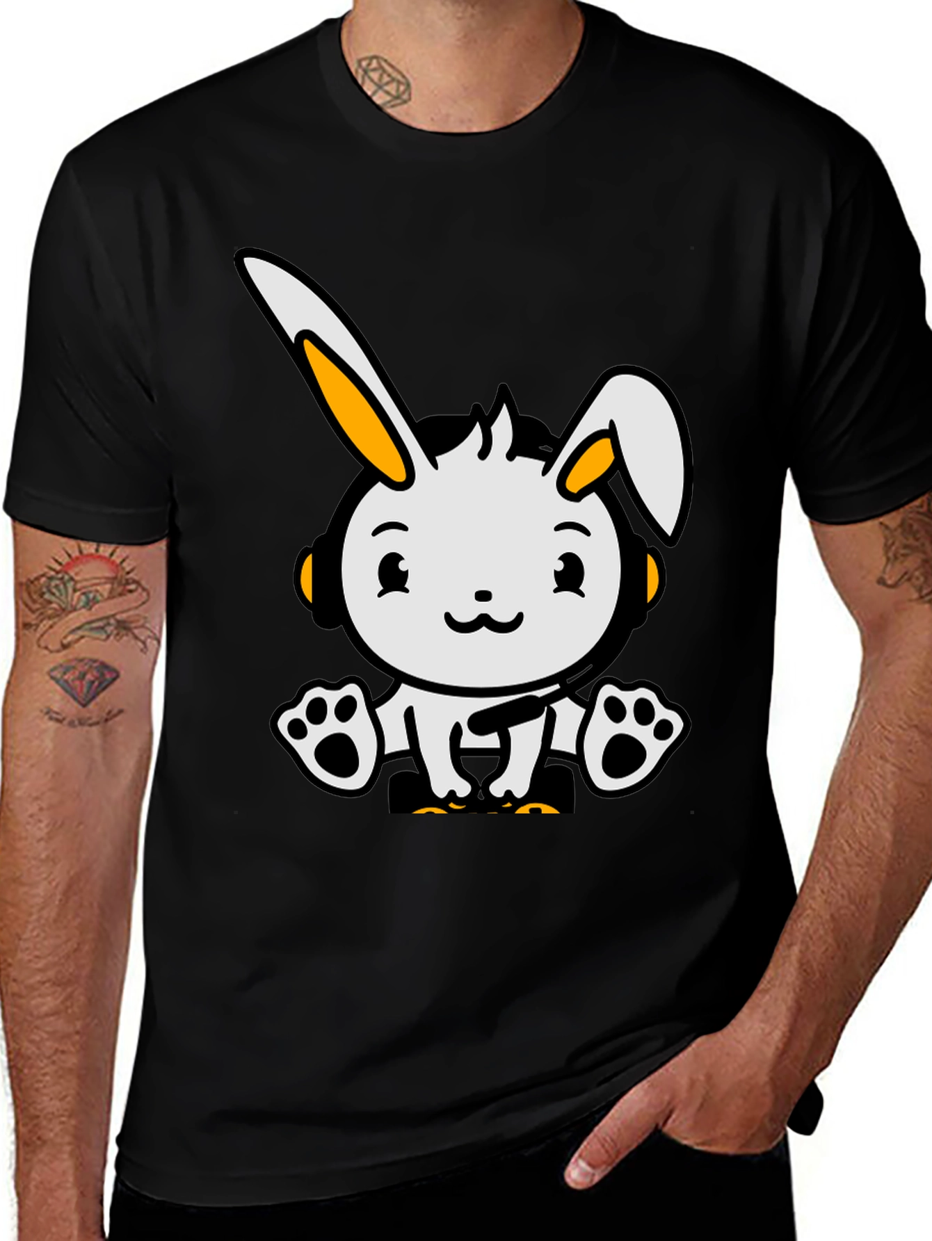 Cute Cartoon Rabbit Graphic Tee - Black Cotton Blend
