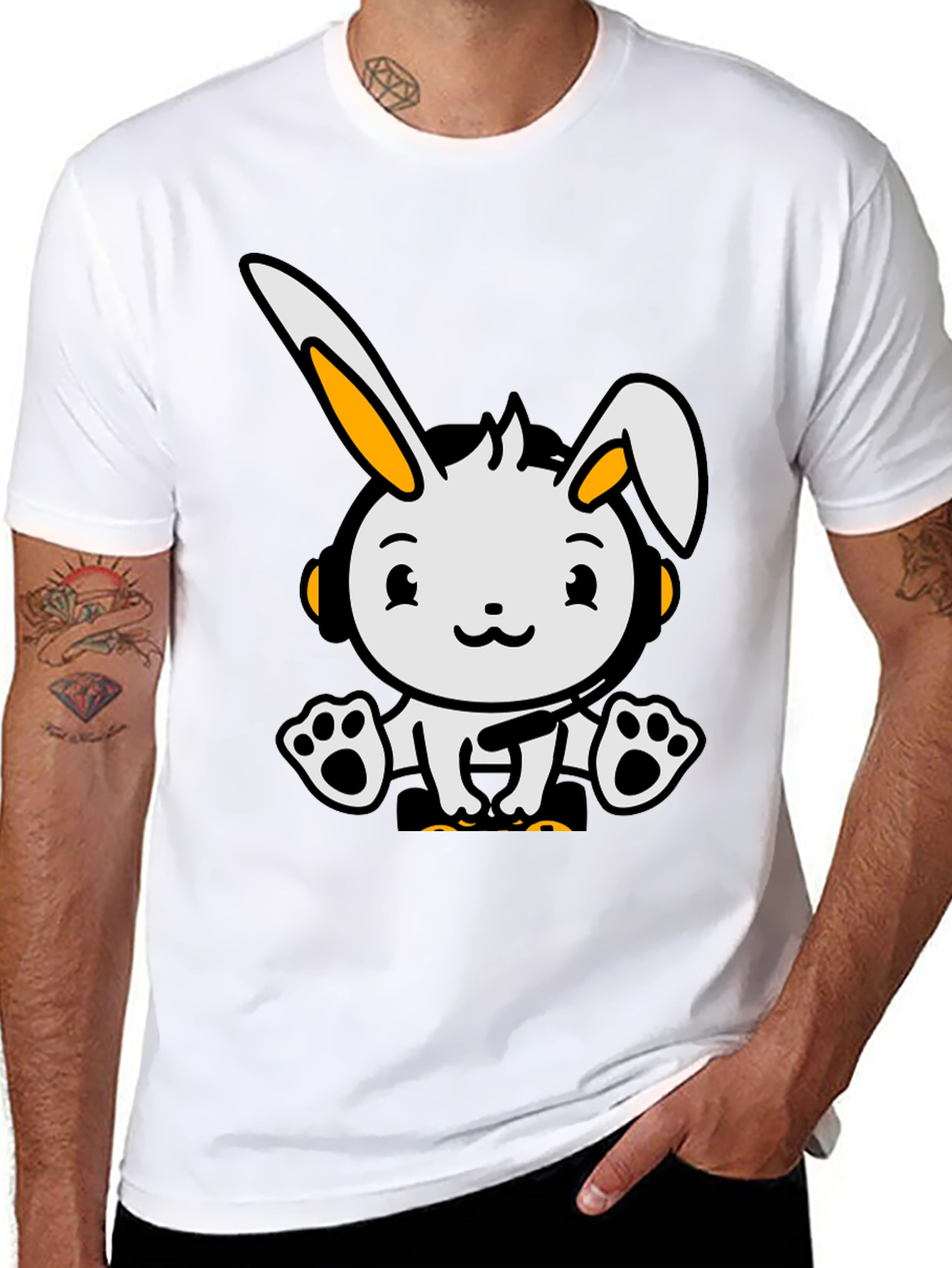 Cute Cartoon Rabbit Graphic Tee - Black Cotton Blend