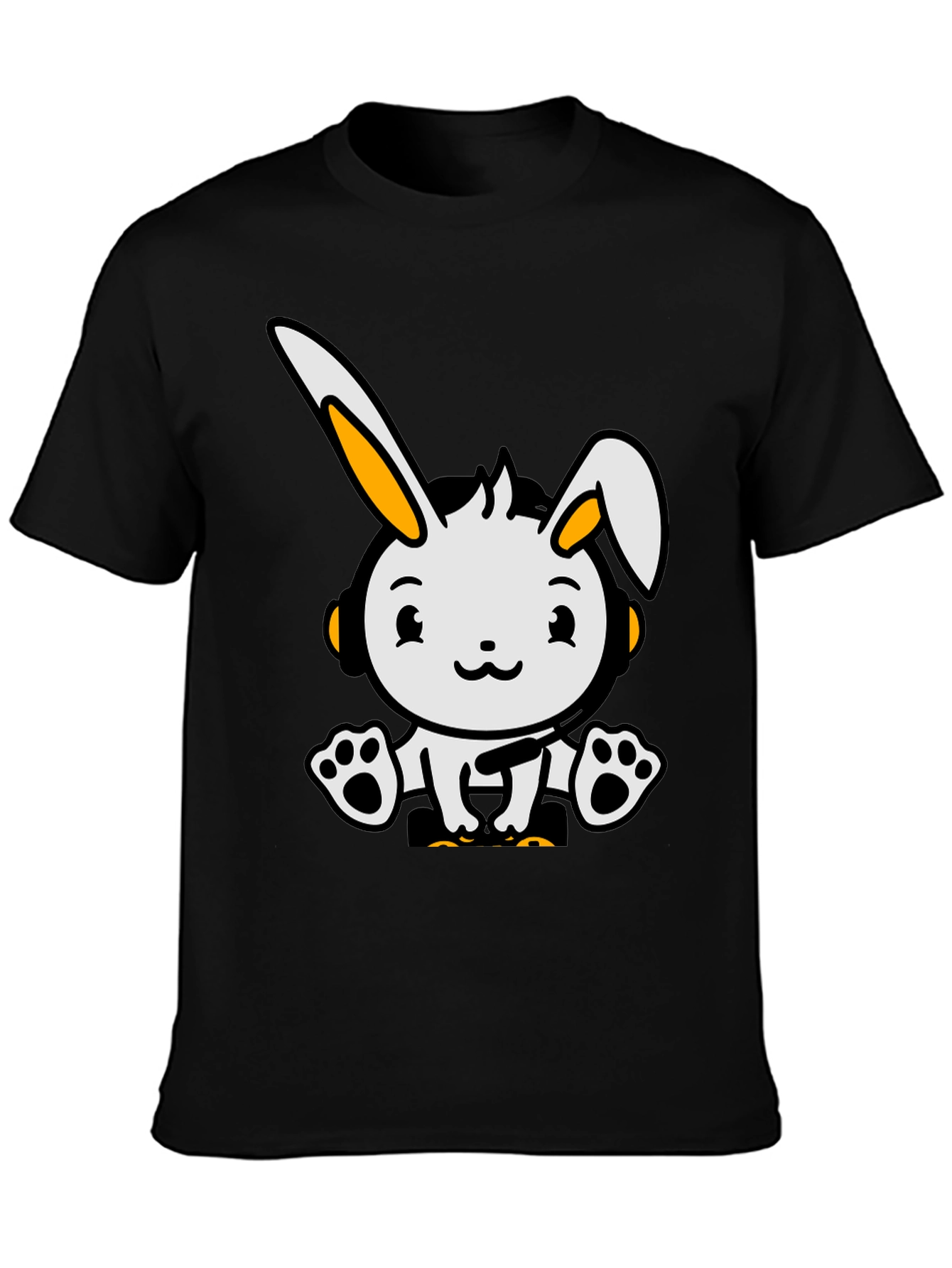Cute Cartoon Rabbit Graphic Tee - Black Cotton Blend