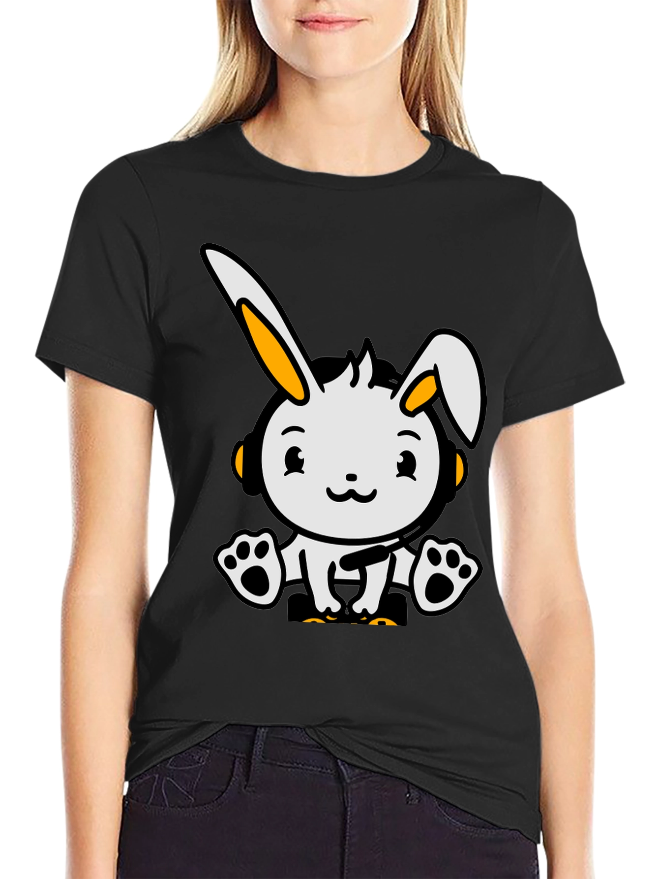 Cute Cartoon Rabbit Graphic Tee - Black Cotton Blend