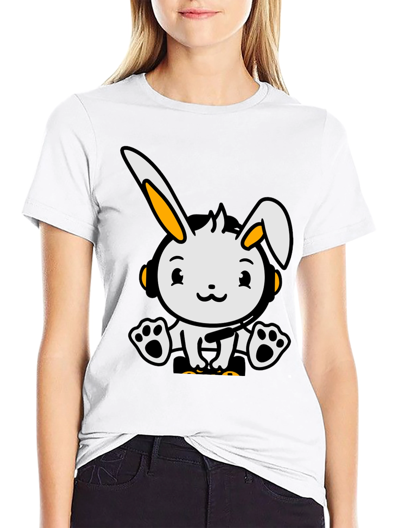 Cute Cartoon Rabbit Graphic Tee - Black Cotton Blend