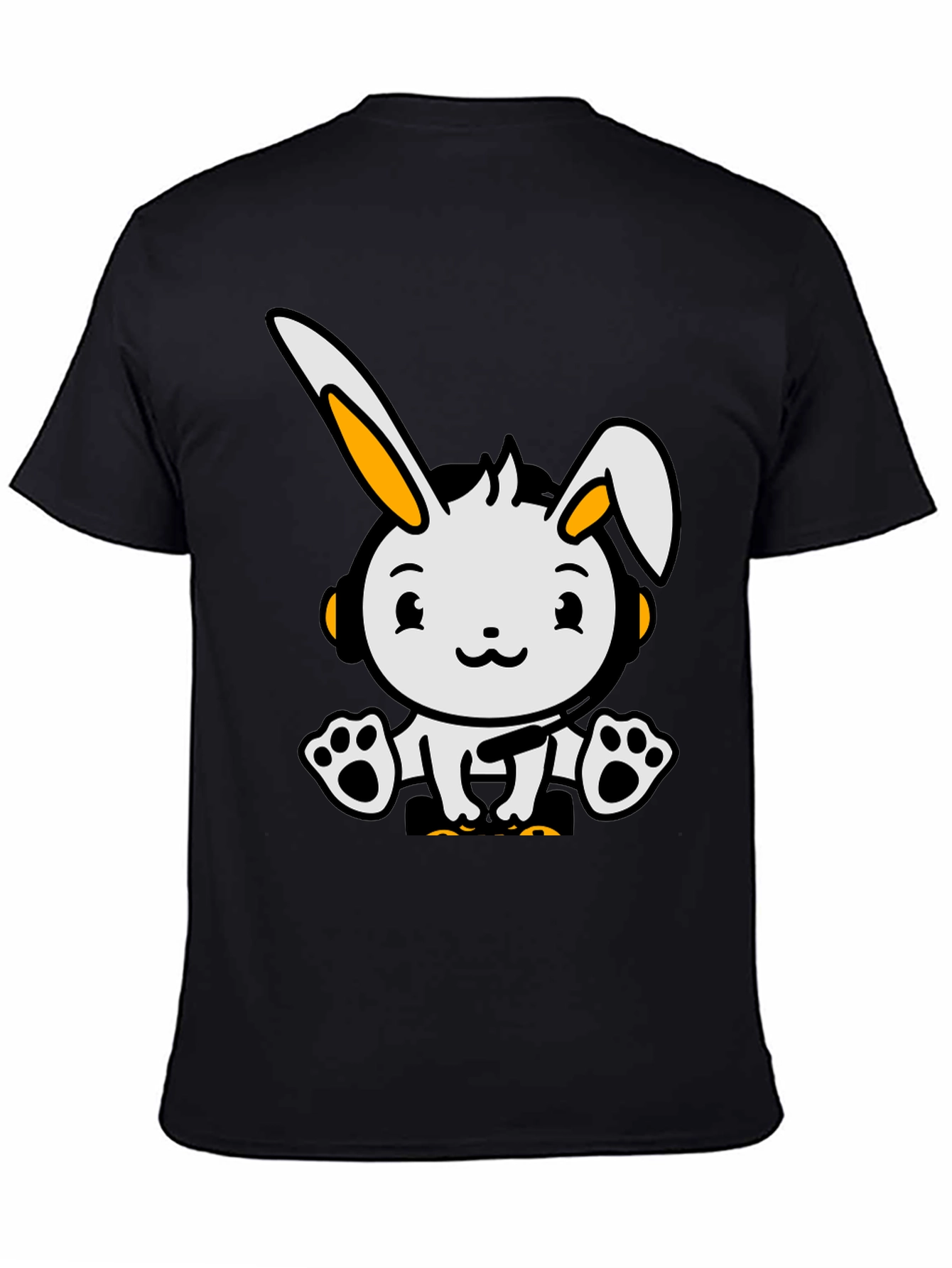 Cute Cartoon Rabbit Graphic Tee - Black Cotton Blend