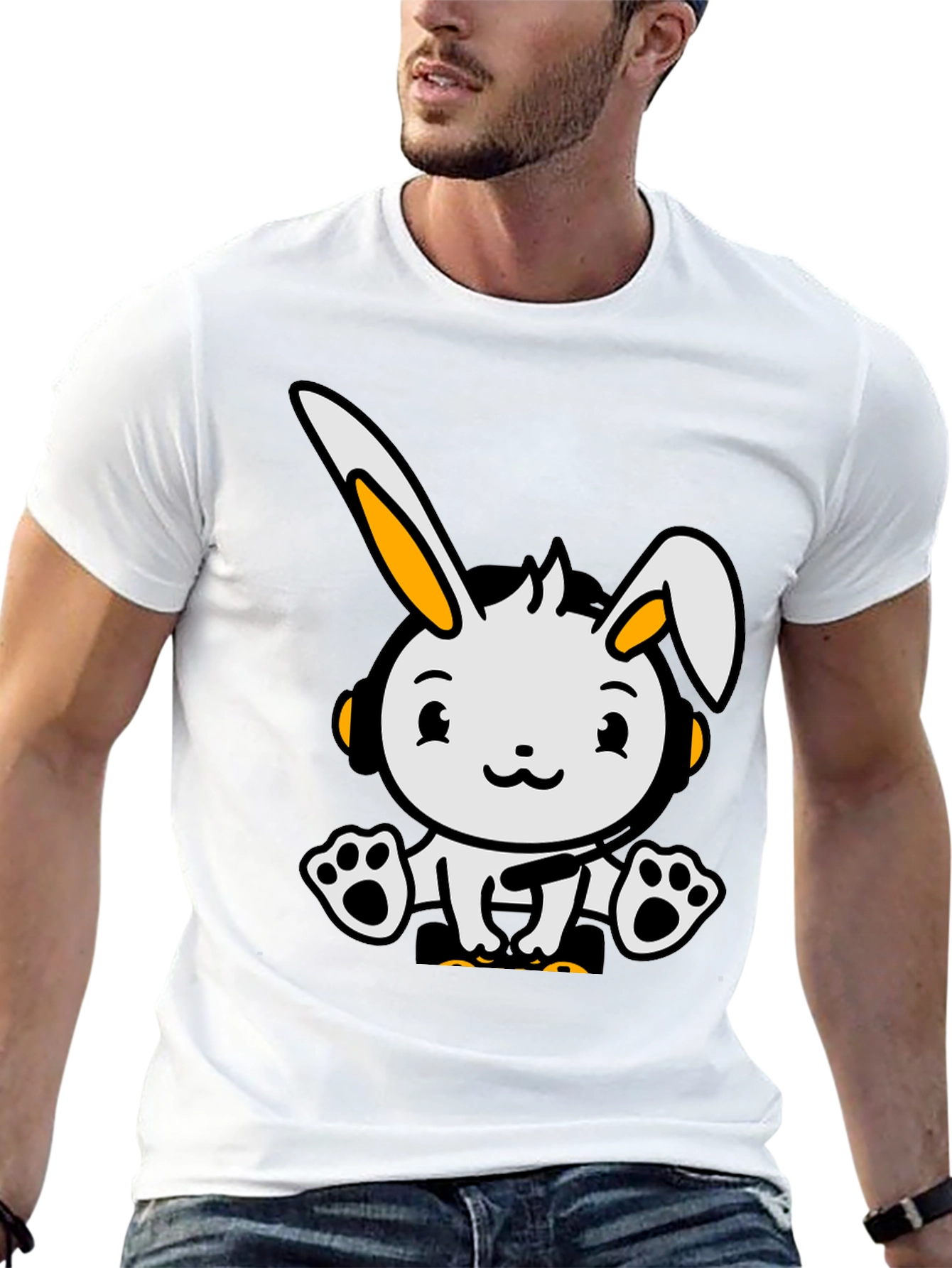 Cute Cartoon Rabbit Graphic Tee - Black Cotton Blend