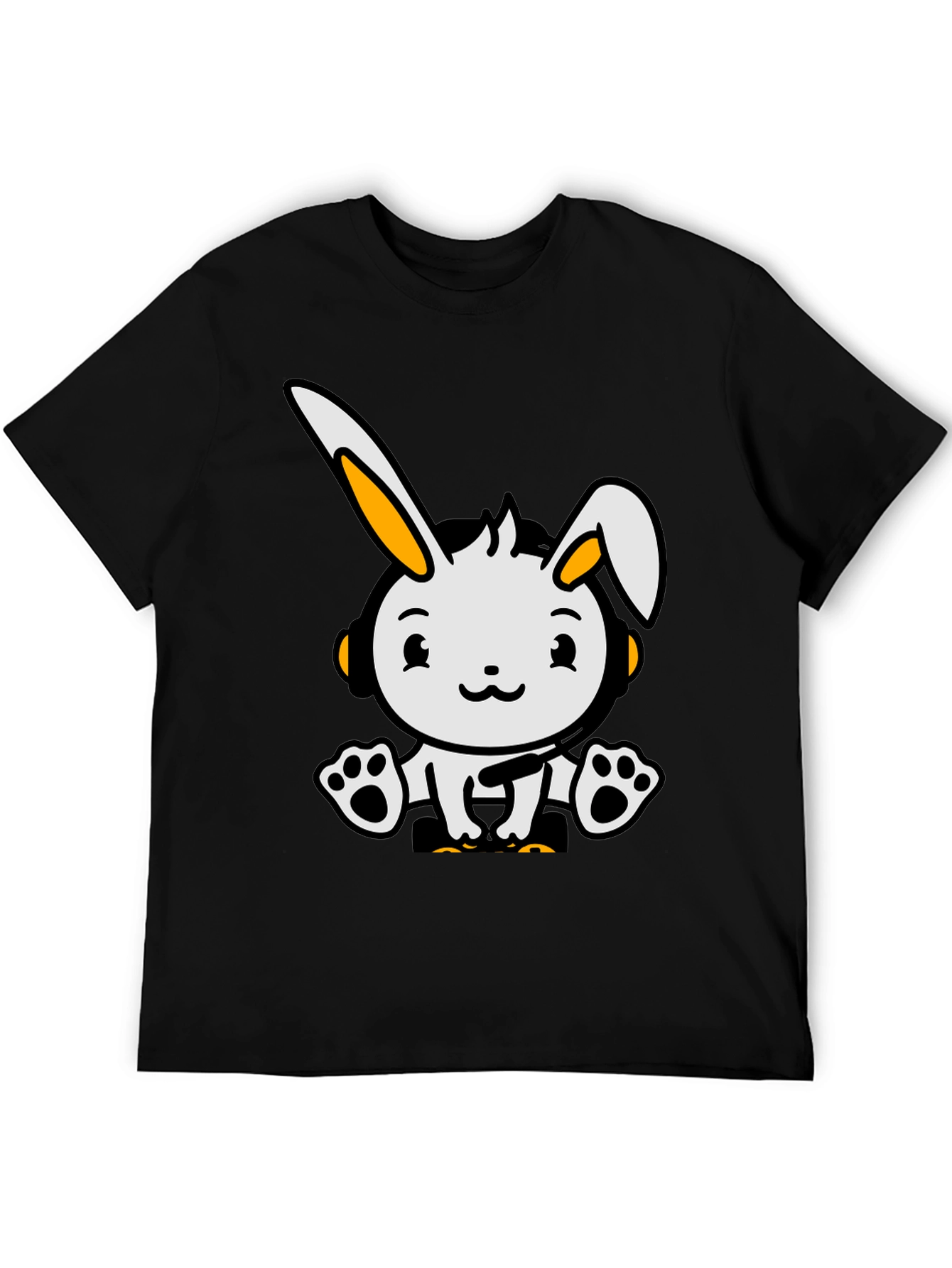 Cute Cartoon Rabbit Graphic Tee - Black Cotton Blend