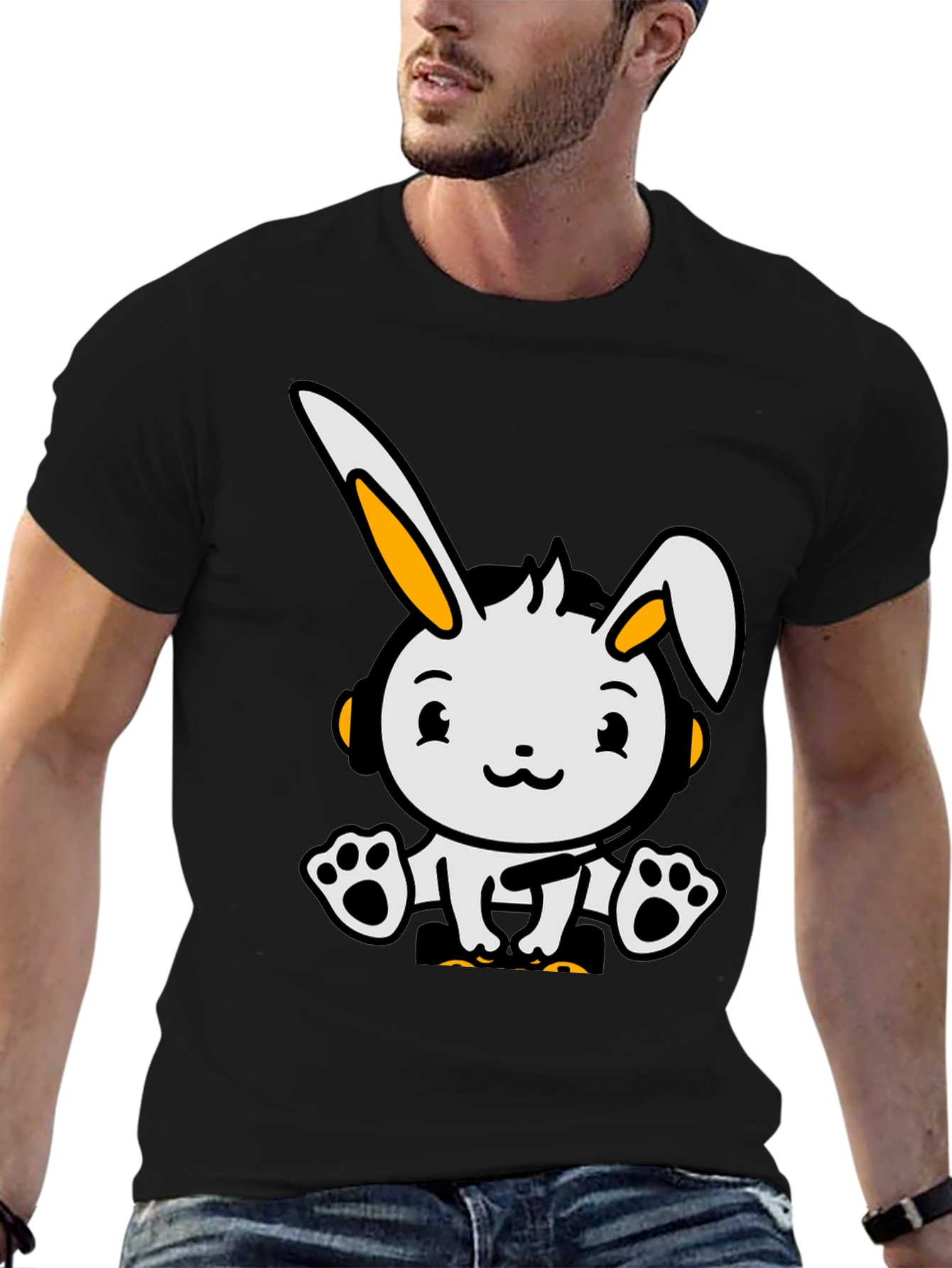 Cute Cartoon Rabbit Graphic Tee - Black Cotton Blend