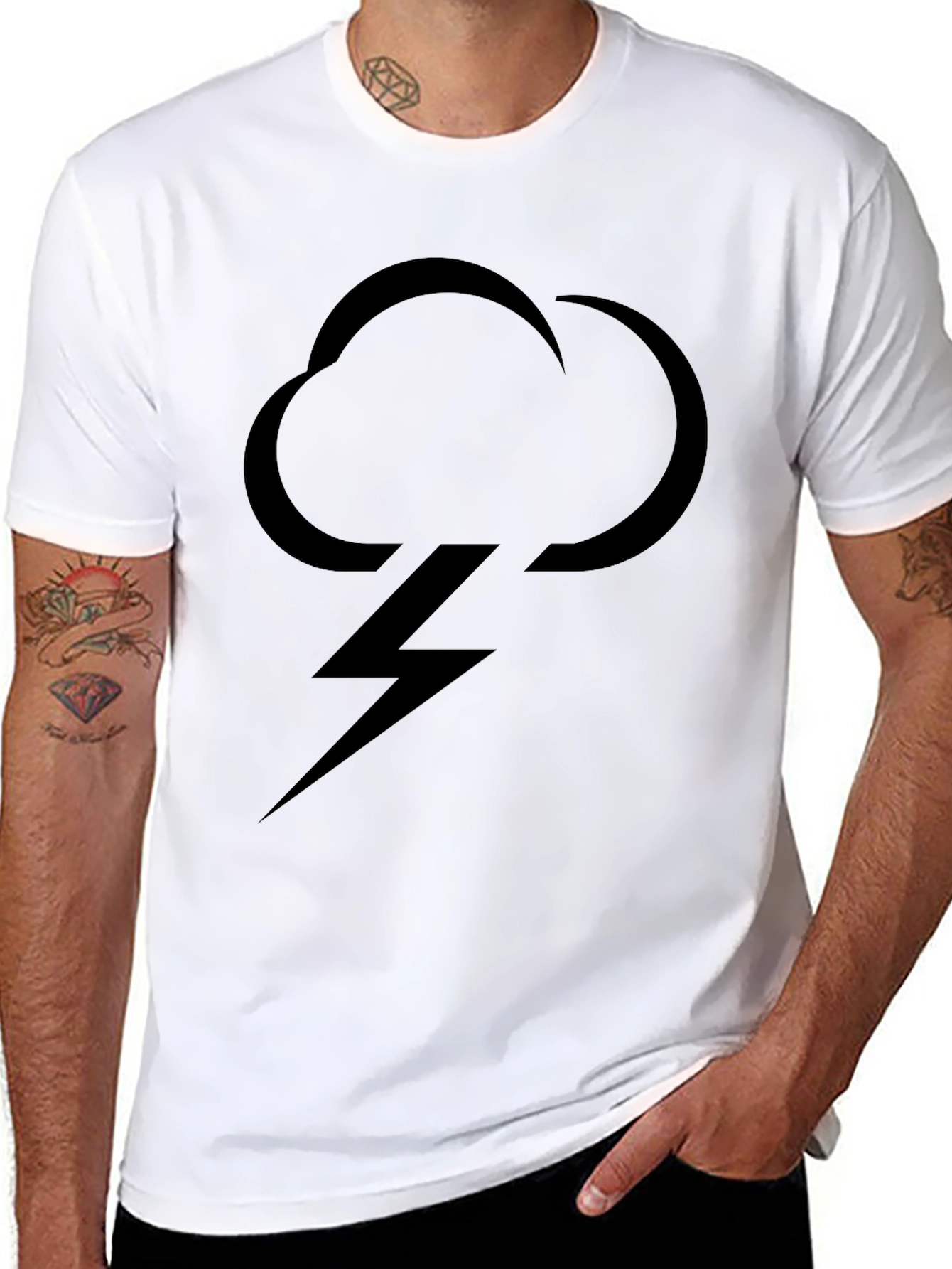 Mens Black T-Shirt with Cloud & Lightning Bolt Graphic