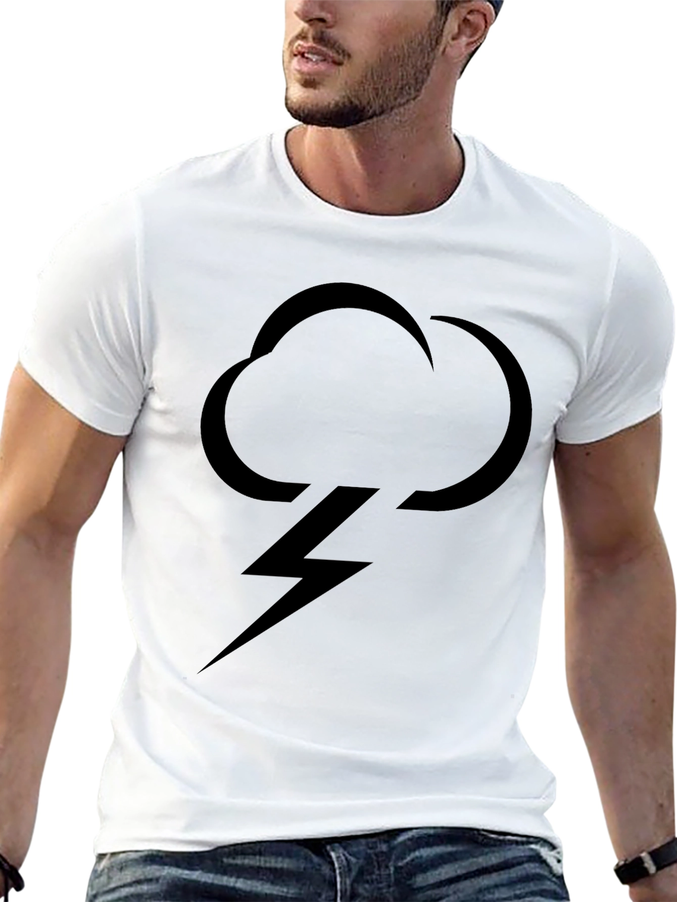 Mens Black T-Shirt with Cloud & Lightning Bolt Graphic