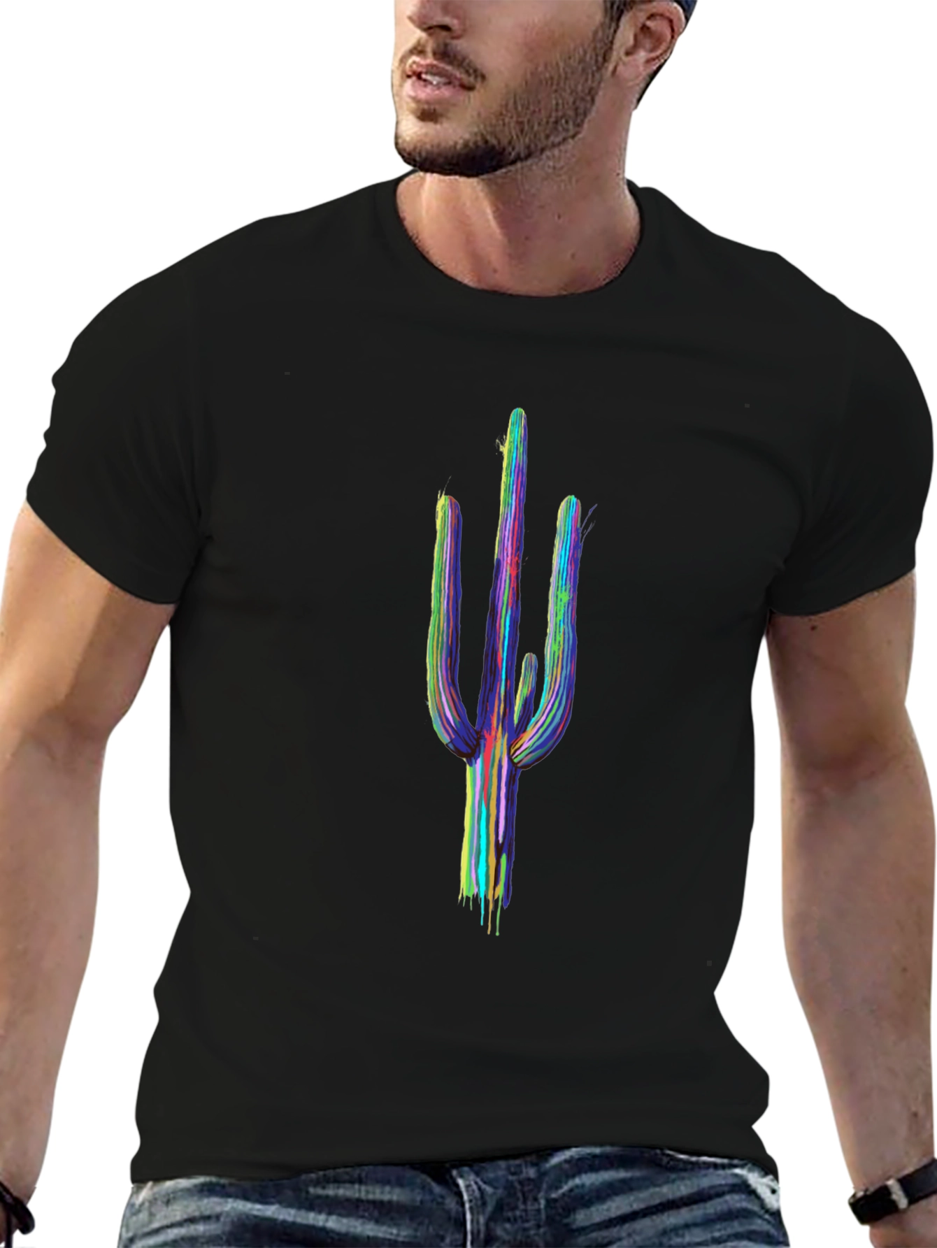 Cactus Art Mens Black T-Shirt