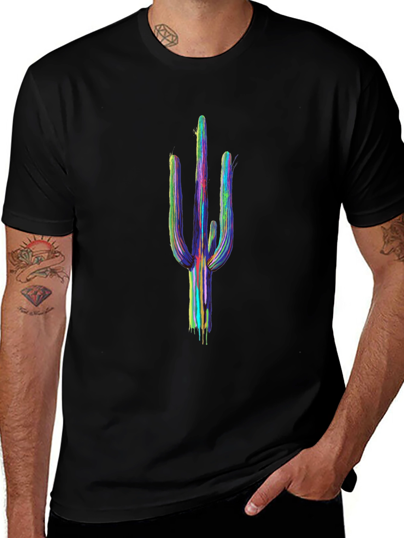 Cactus Art Mens Black T-Shirt