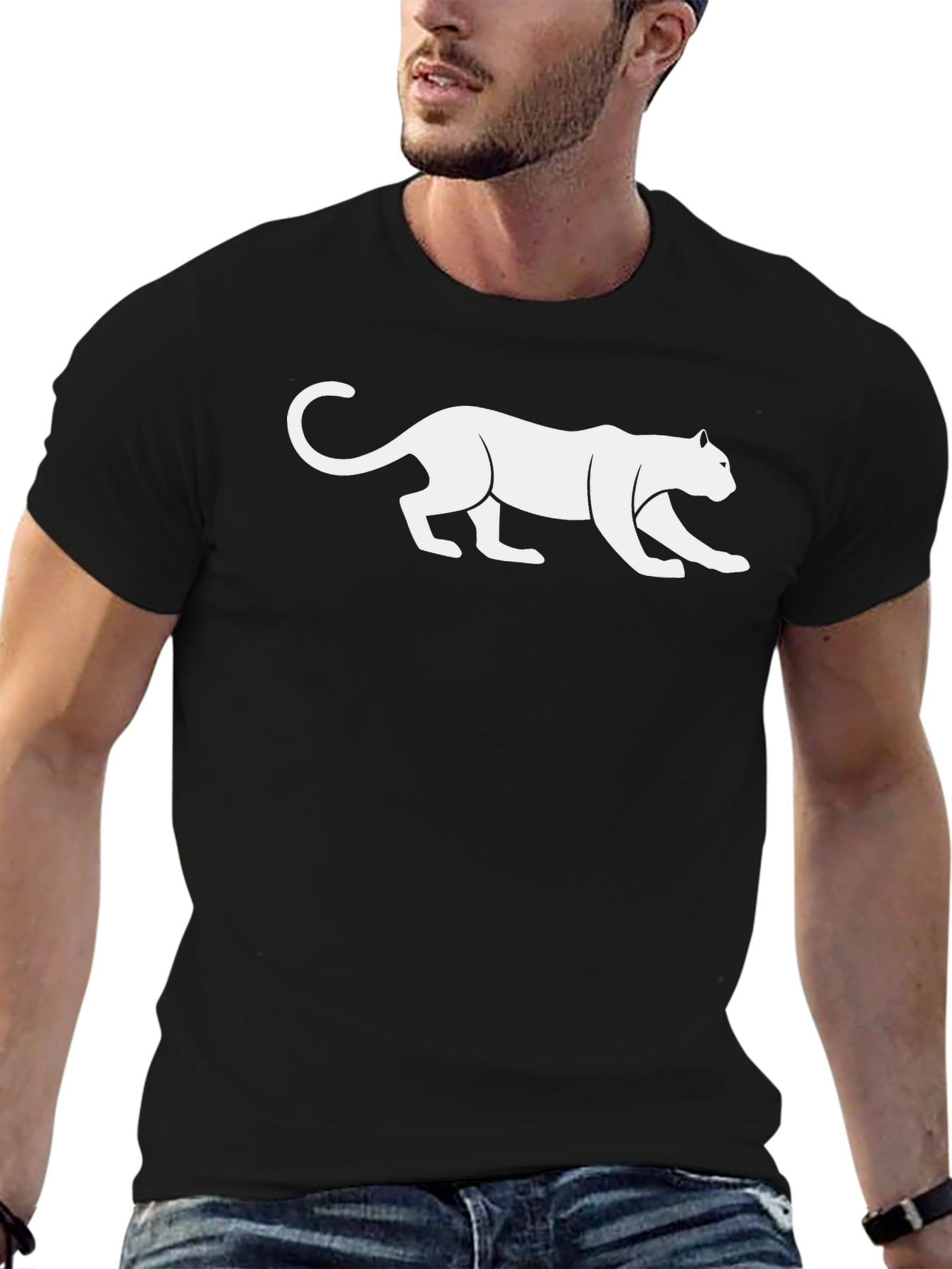 Black T-Shirt with White Panther Graphic
