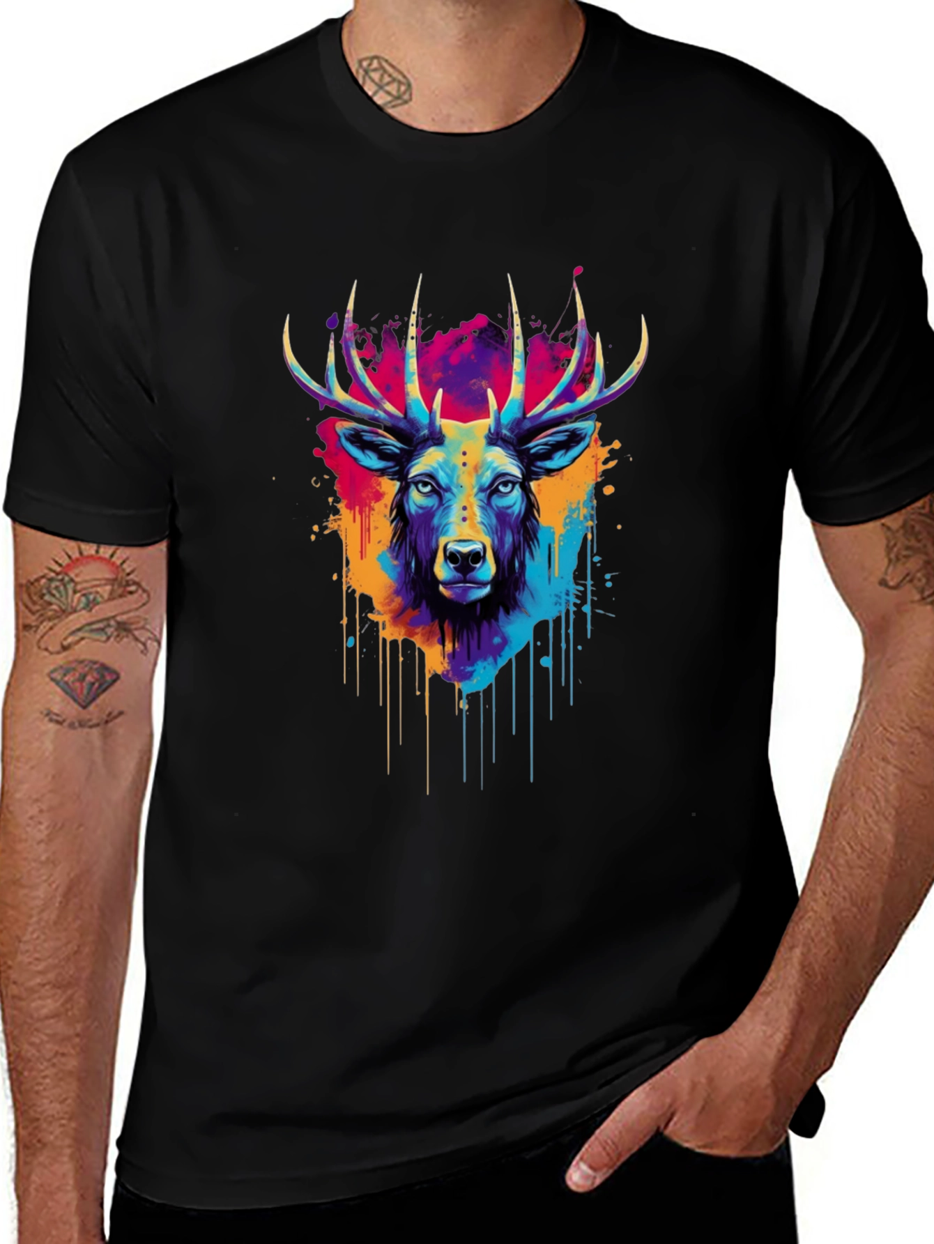 Vibrant Deer Graphic Tee - Artistic Black T-Shirt