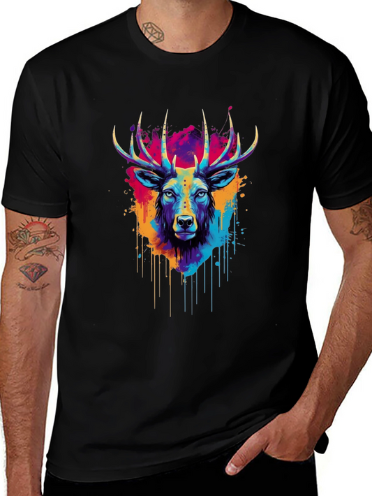 Vibrant Deer Graphic Tee - Artistic Black T-Shirt