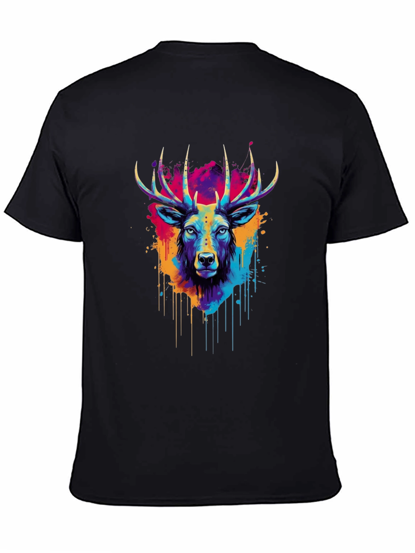Vibrant Deer Graphic Tee - Artistic Black T-Shirt