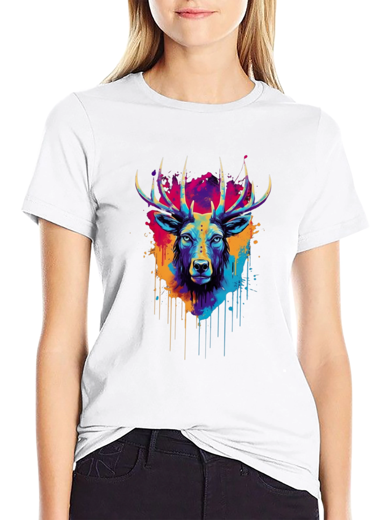 Vibrant Deer Graphic Tee - Artistic Black T-Shirt