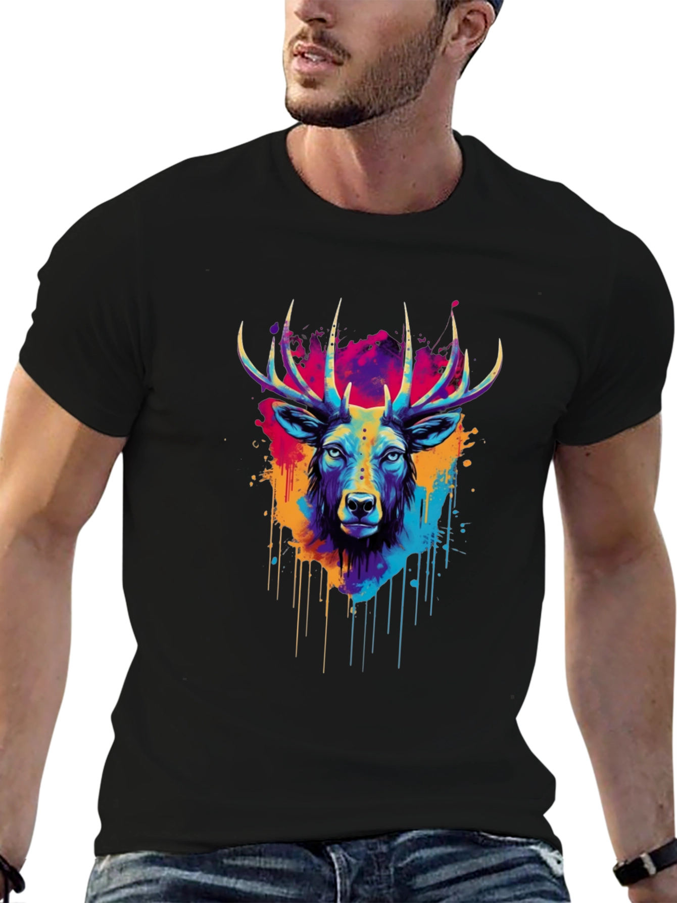 Vibrant Deer Graphic Tee - Artistic Black T-Shirt