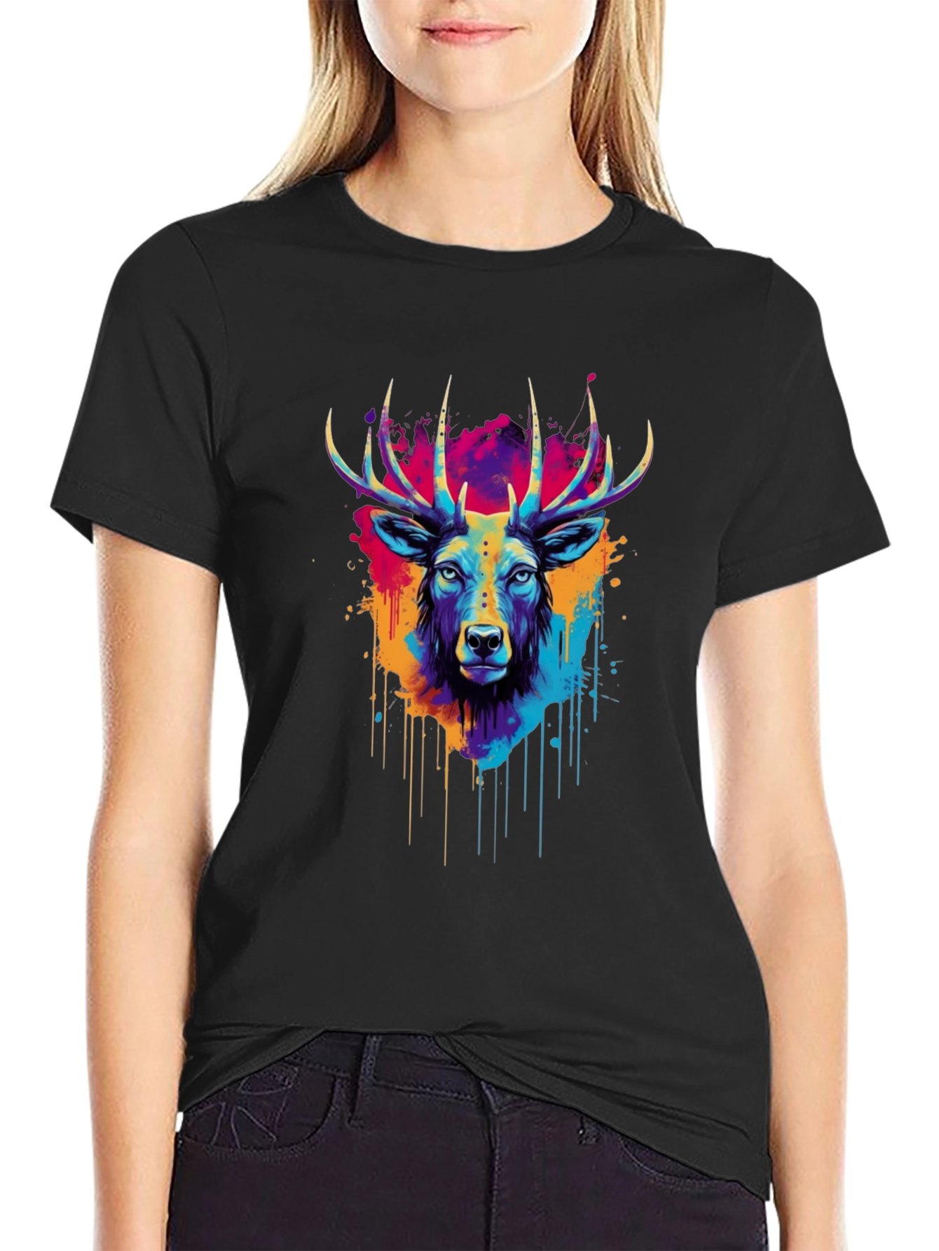 Vibrant Deer Graphic Tee - Artistic Black T-Shirt
