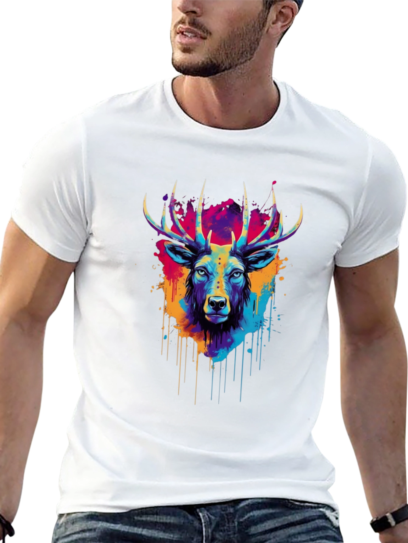 Vibrant Deer Graphic Tee - Artistic Black T-Shirt