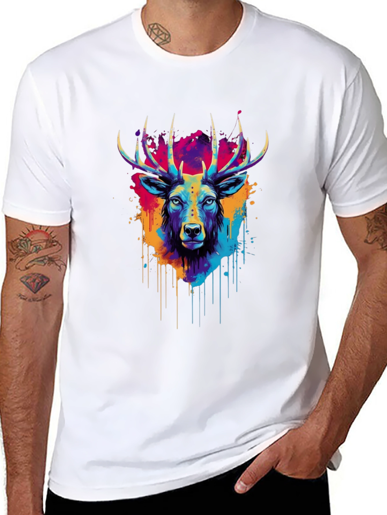 Vibrant Deer Graphic Tee - Artistic Black T-Shirt