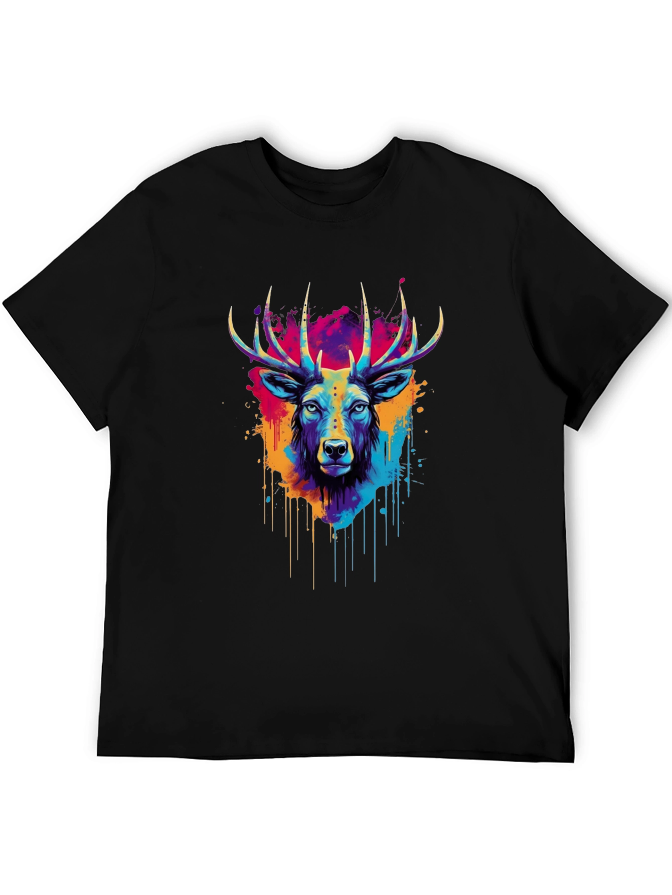 Vibrant Deer Graphic Tee - Artistic Black T-Shirt