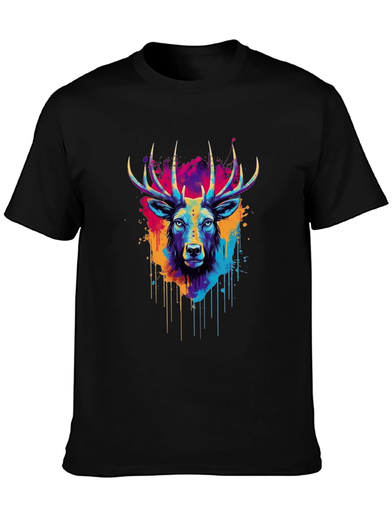 Vibrant Deer Graphic Tee - Artistic Black T-Shirt