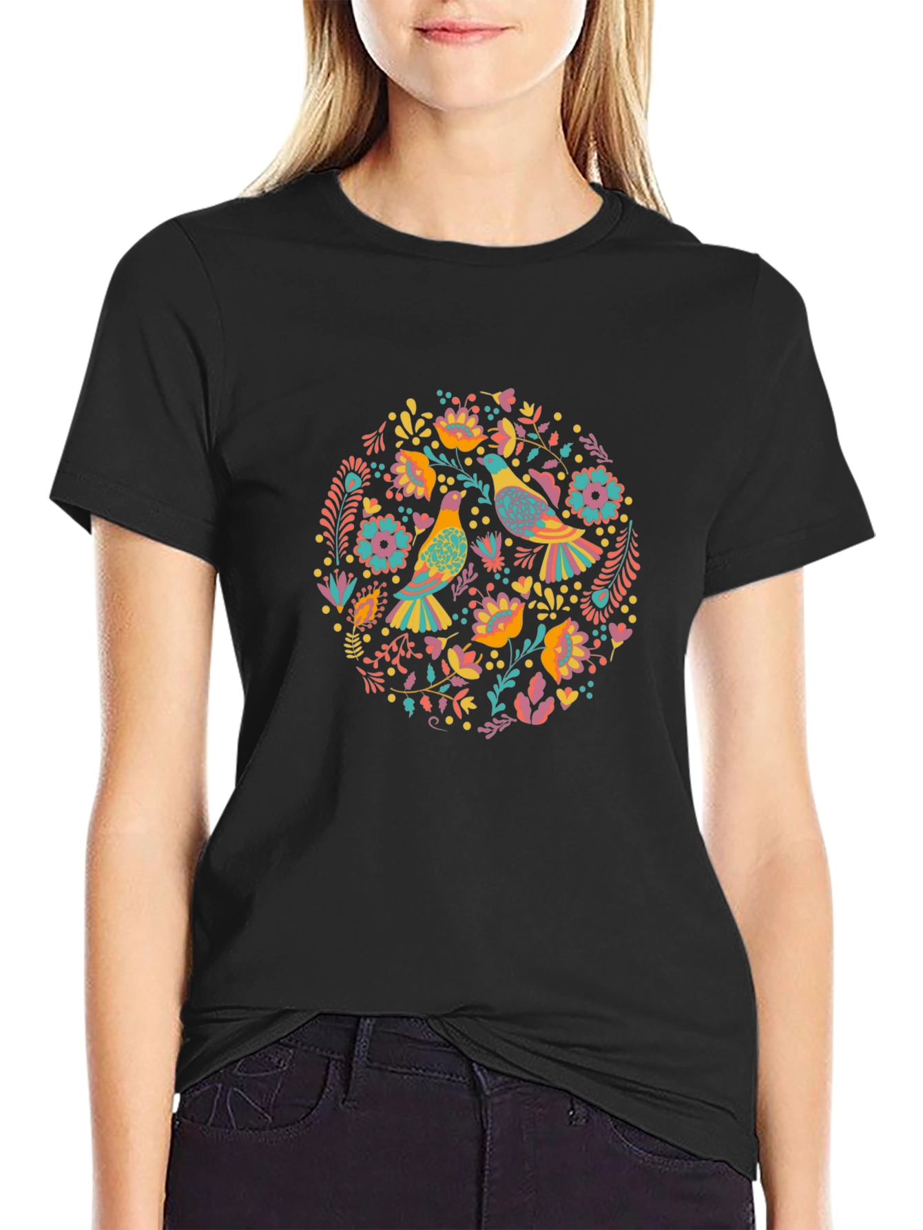 Floral Bird Print Black T-Shirt