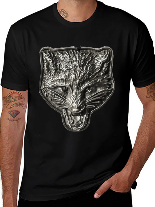 Mens Black T-Shirt with Embossed Wolf Graphic