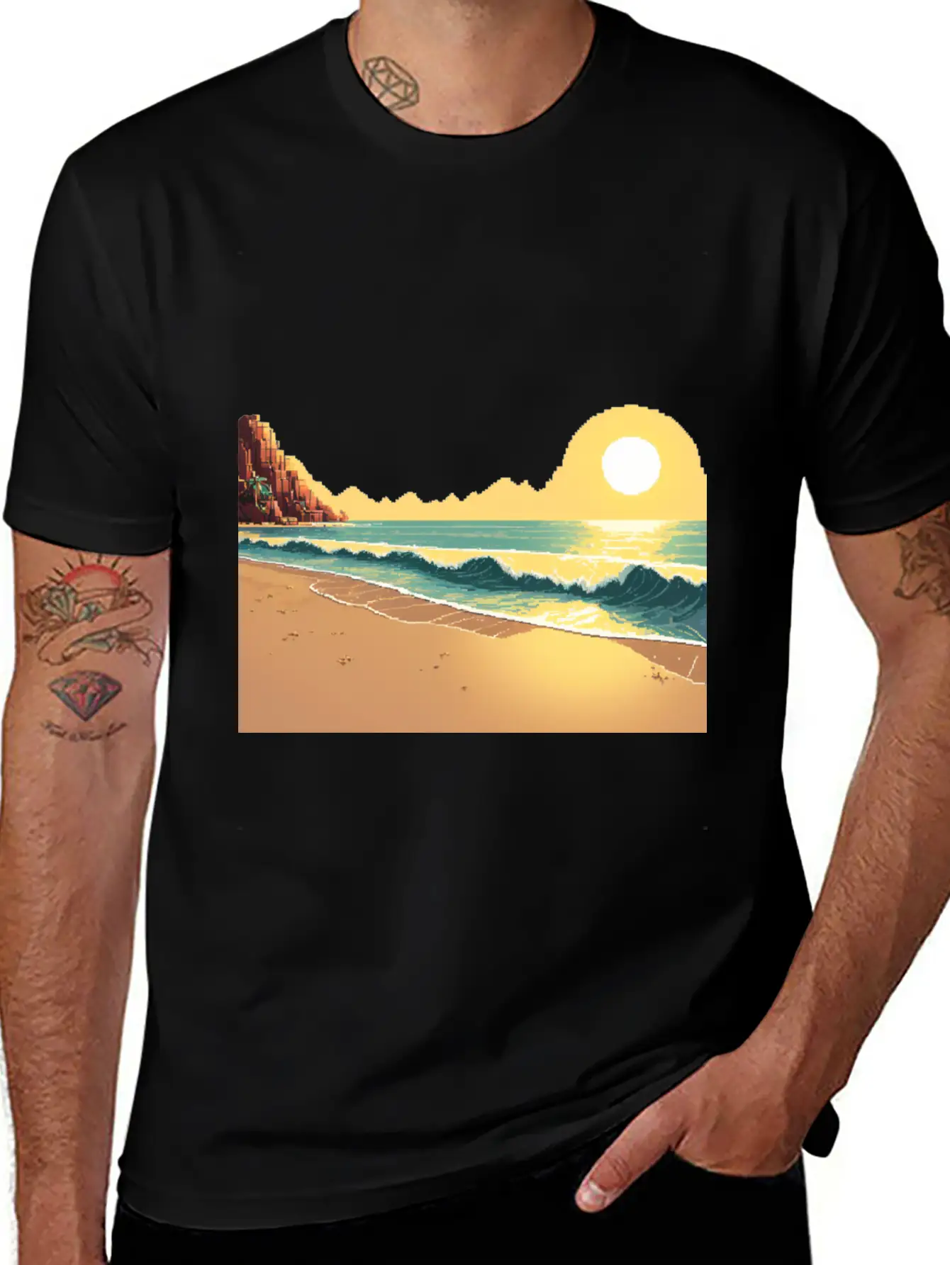 A Pixel Art Of Beach And Sun Unisex Casual T-Shirt – Clean Design For Daily Comfort