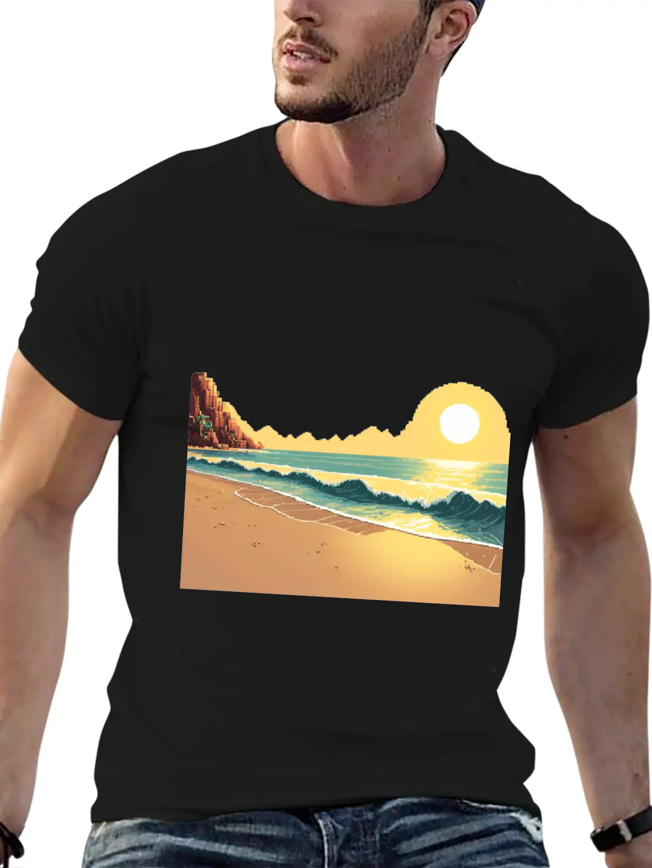 A Pixel Art Of Beach And Sun Unisex Casual T-Shirt – Clean Design For Daily Comfort