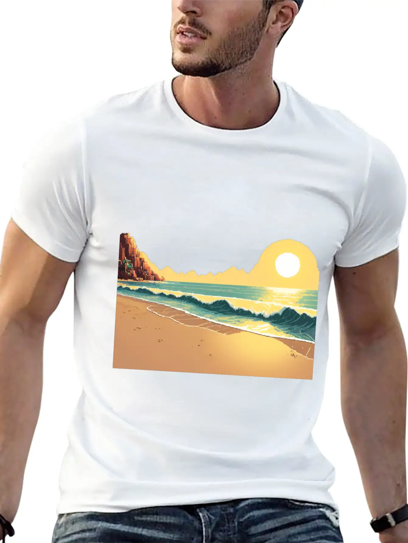 A Pixel Art Of Beach And Sun Unisex Casual T-Shirt – Clean Design For Daily Comfort