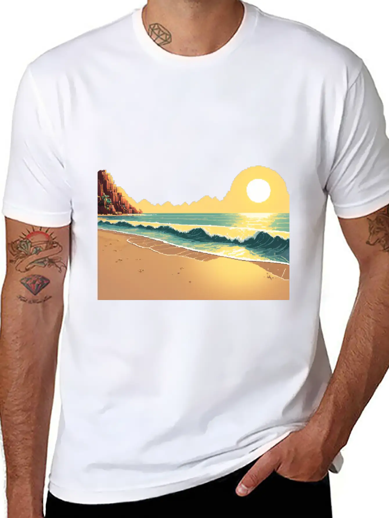 A Pixel Art Of Beach And Sun Unisex Casual T-Shirt – Clean Design For Daily Comfort
