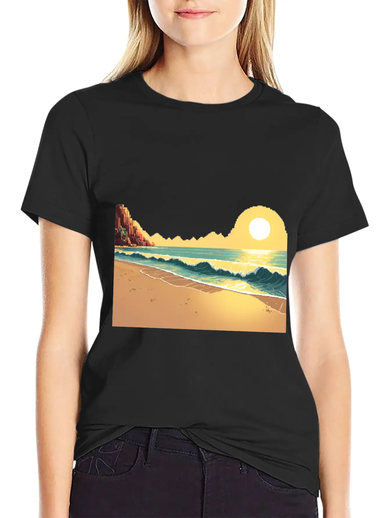 A Pixel Art Of Beach And Sun Unisex Casual T-Shirt – Clean Design For Daily Comfort