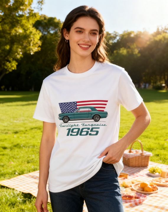 1965 Twilight Turquoise Retro Car & USA Flag T-Shirt - 100% Cotton, Classic Auto Enthusiast Tee for Car Shows & Daily Occasions
