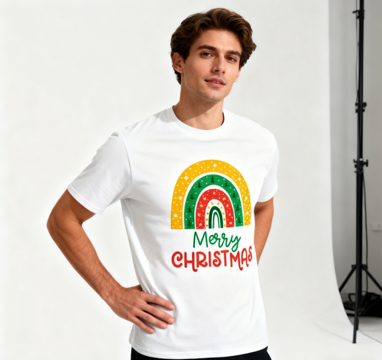 Merry Christmas Rainbow Graphic T-Shirt - 100% Cotton, Festive Tee for Holiday Celebrations & Casual Daily Wear