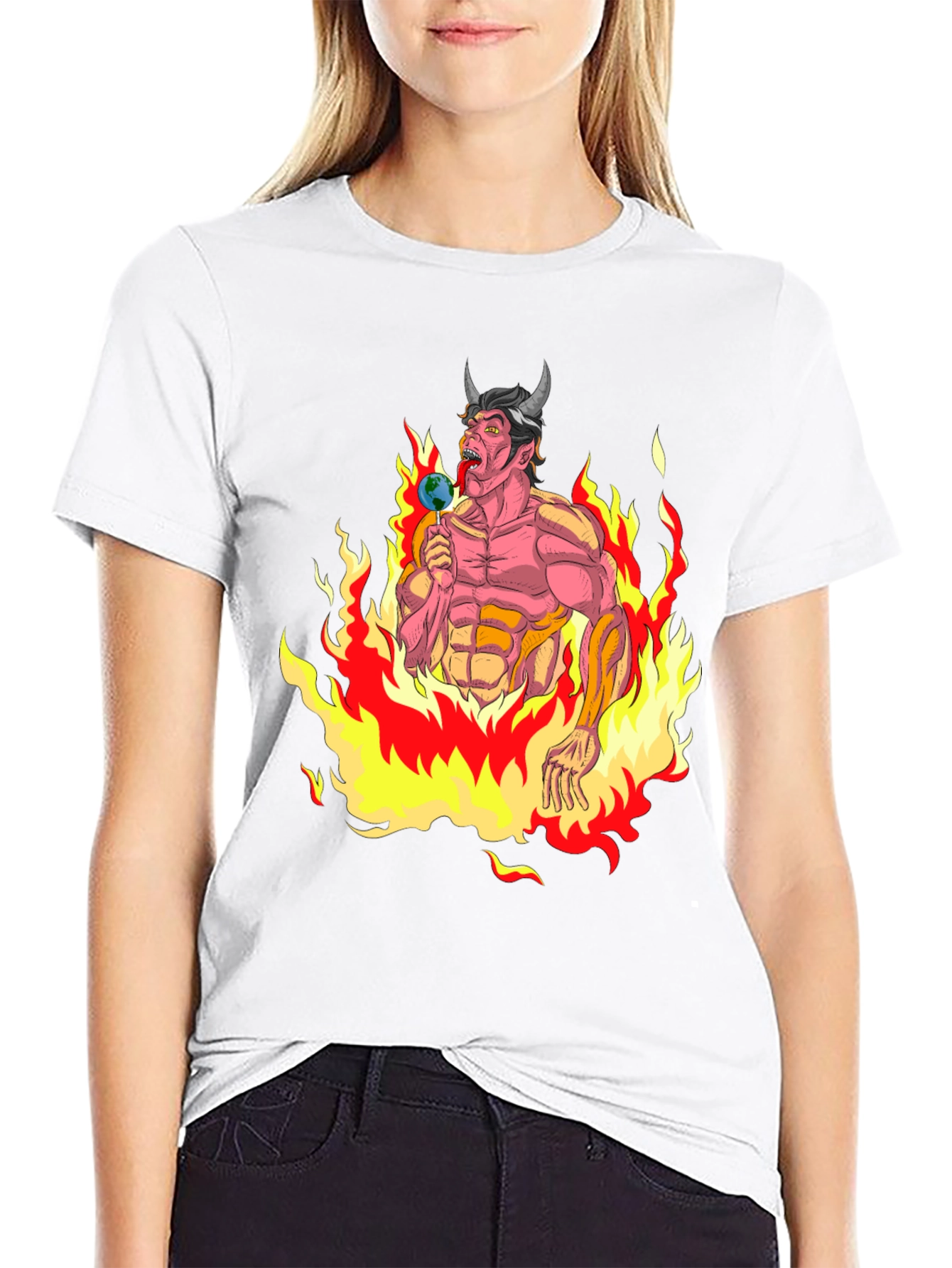 Fiery Devil Eating Earth Lollipop Graphic T-Shirt
