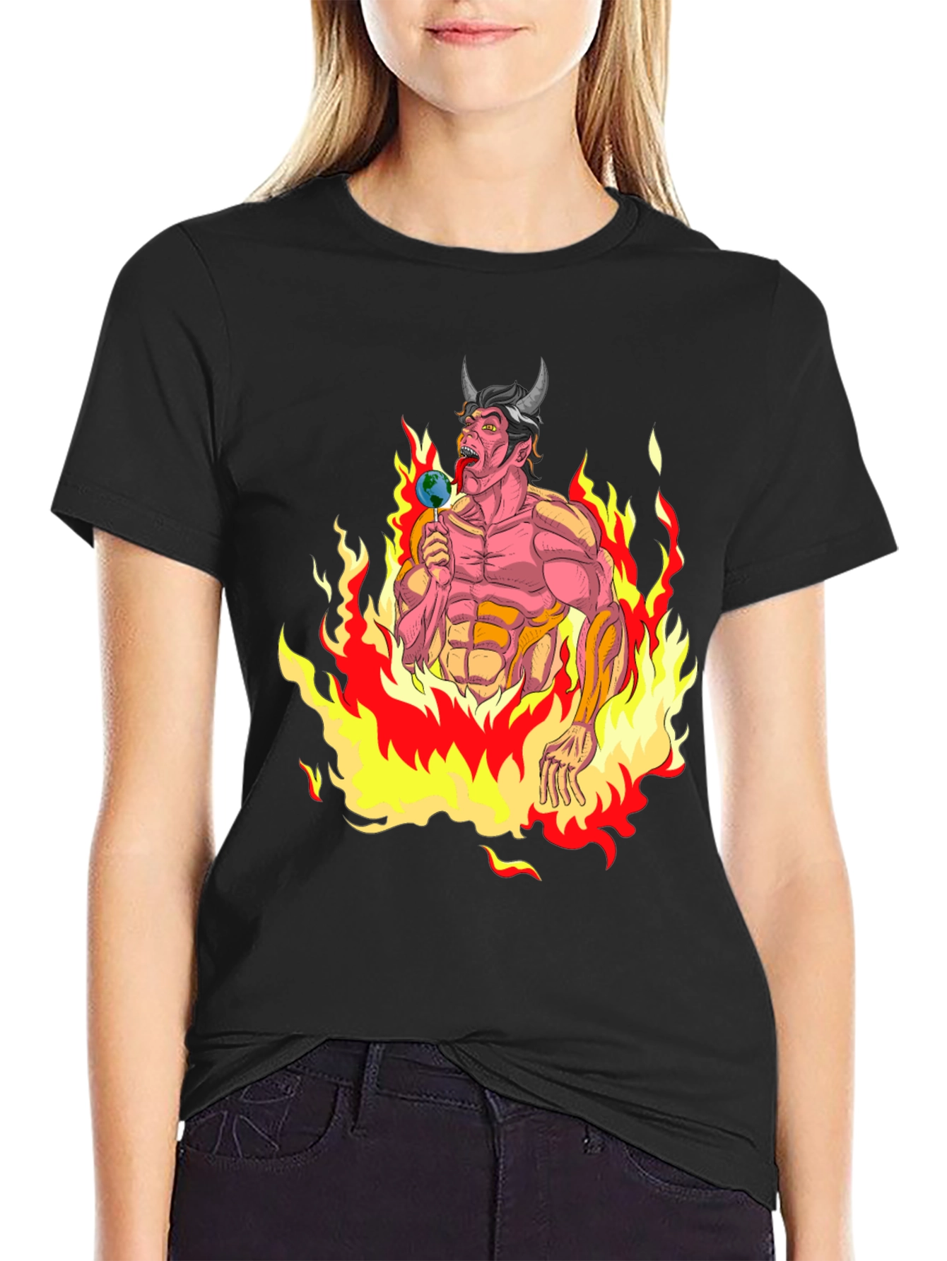 Fiery Devil Eating Earth Lollipop Graphic T-Shirt