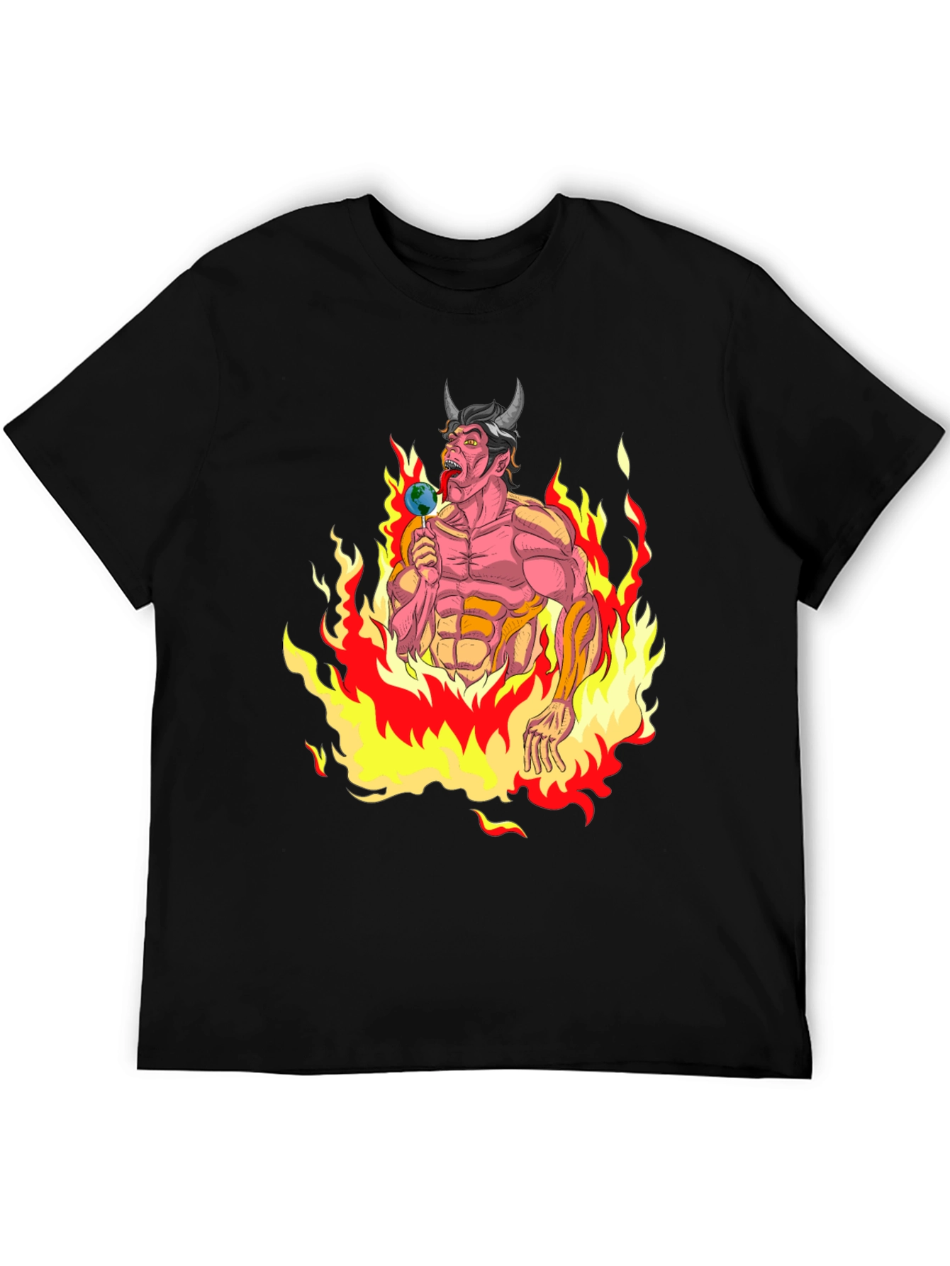 Fiery Devil Eating Earth Lollipop Graphic T-Shirt