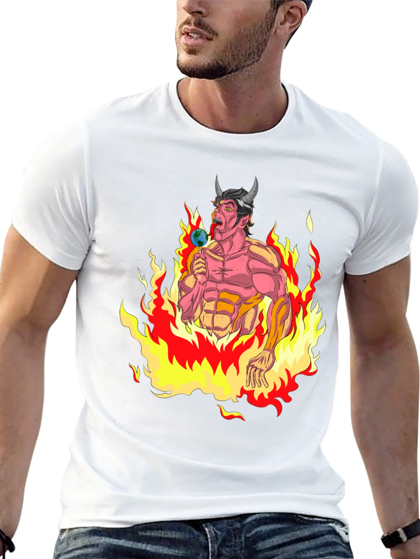 Fiery Devil Eating Earth Lollipop Graphic T-Shirt