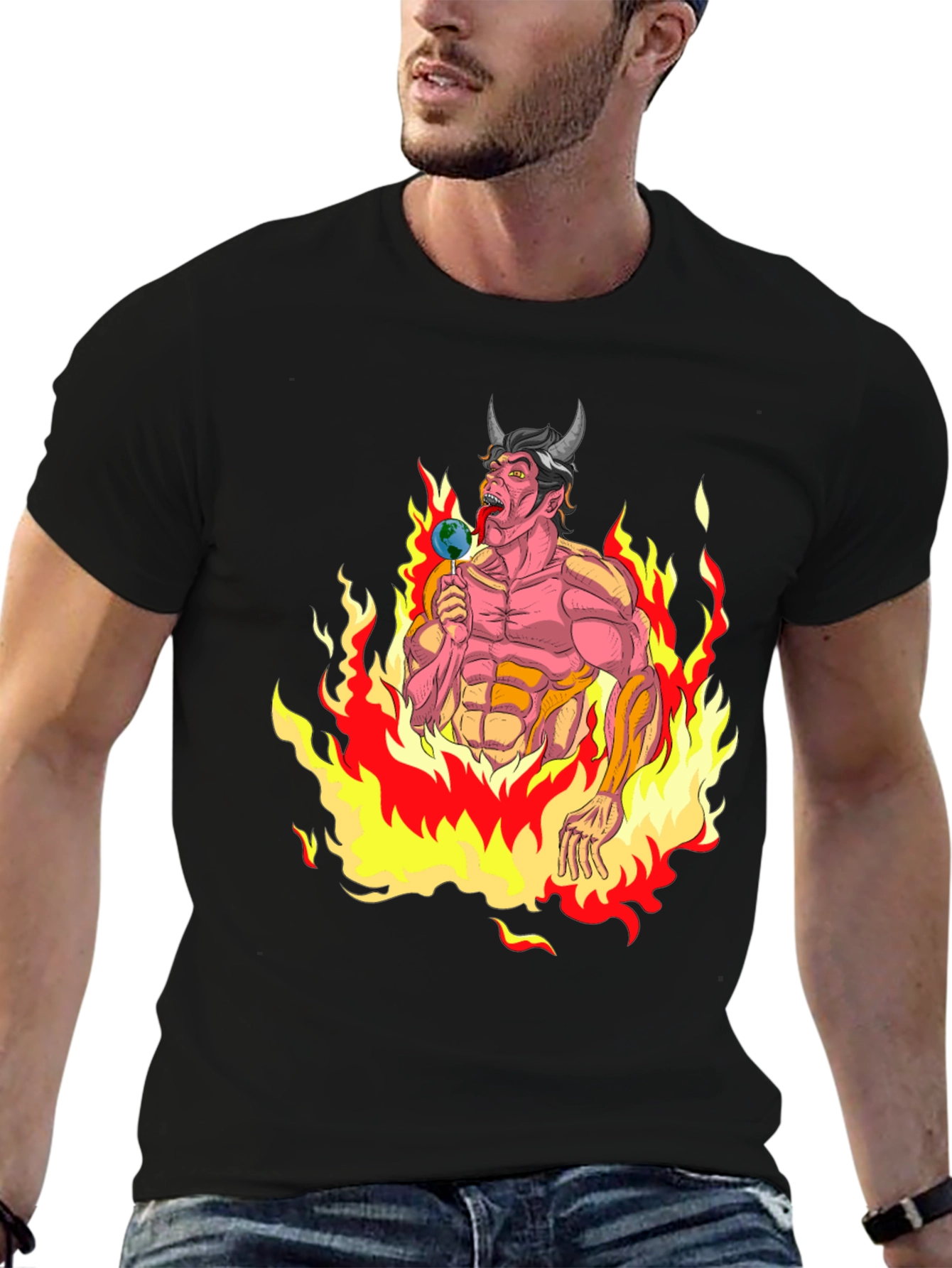 Fiery Devil Eating Earth Lollipop Graphic T-Shirt