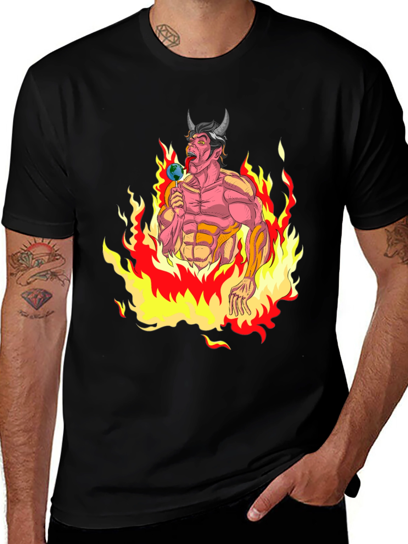 Fiery Devil Eating Earth Lollipop Graphic T-Shirt