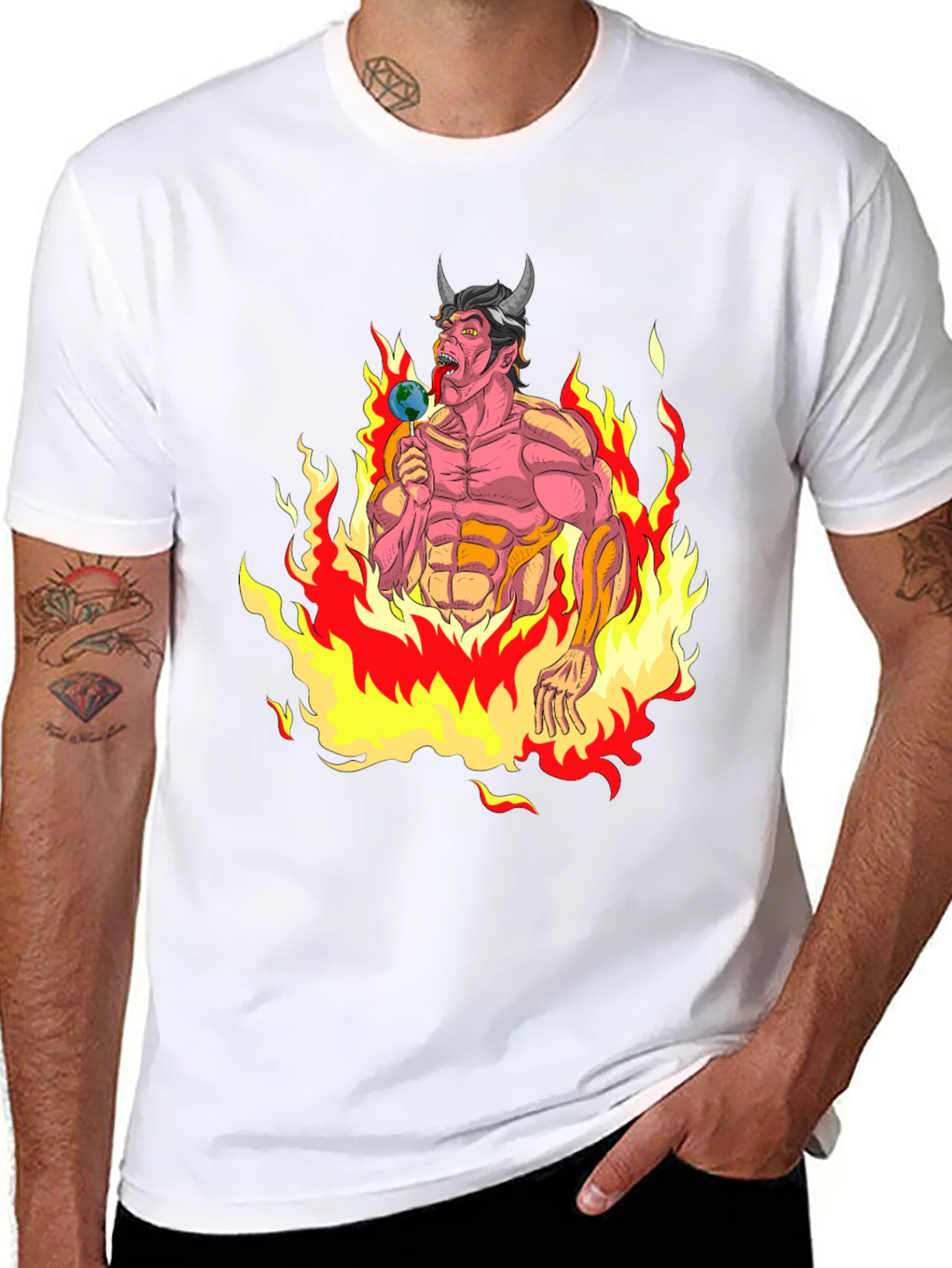 Fiery Devil Eating Earth Lollipop Graphic T-Shirt