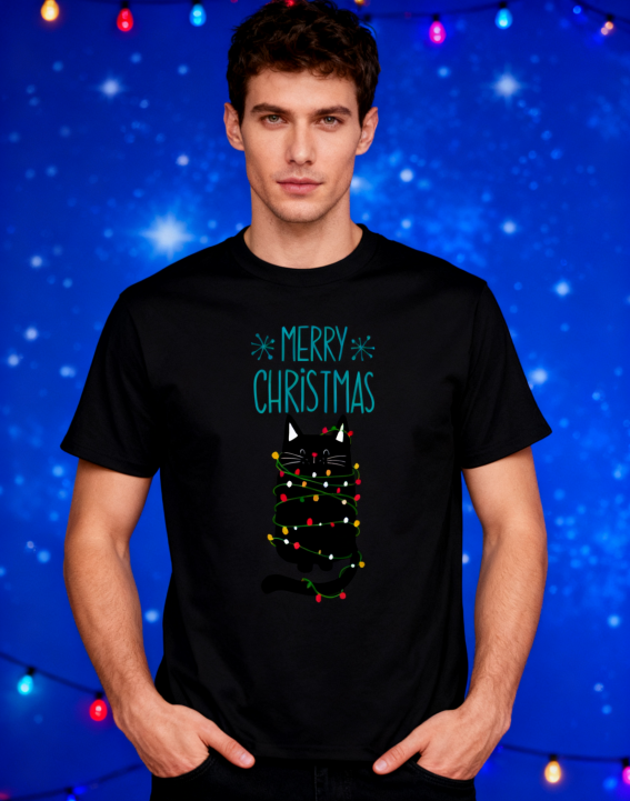 Merry Christmas Black Cat String Lights T-Shirt - 100% Cotton, Cute Festive Tee for Holiday & Casual Occasions