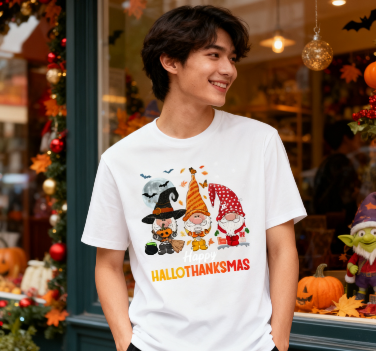 Happy HalloThanksMas Gnomes Graphic T-Shirt | 100% Cotton, Versatile for Multiple Occasions