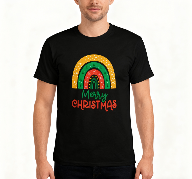Merry Christmas Rainbow Graphic T-Shirt - 100% Cotton, Festive Tee for Holiday Celebrations & Casual Daily Wear
