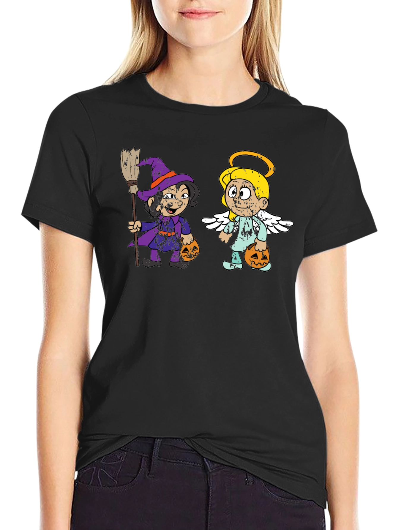 Halloween Cartoon Witch and Angel T-Shirt