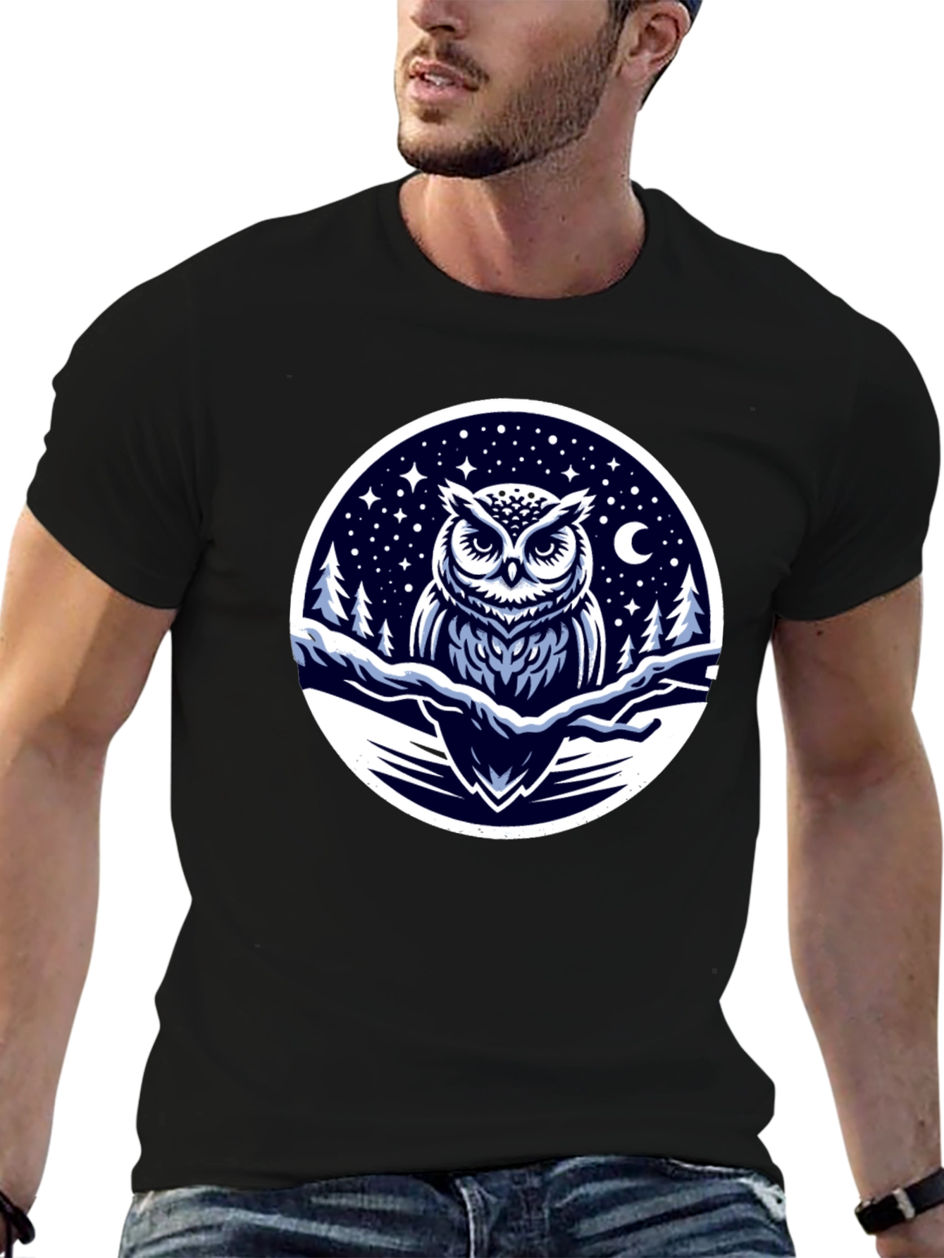 Owl Night Sky Graphic Tee - Black Cotton Blend