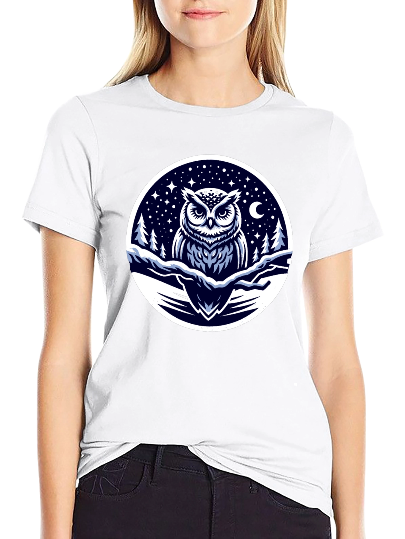 Owl Night Sky Graphic Tee - Black Cotton Blend